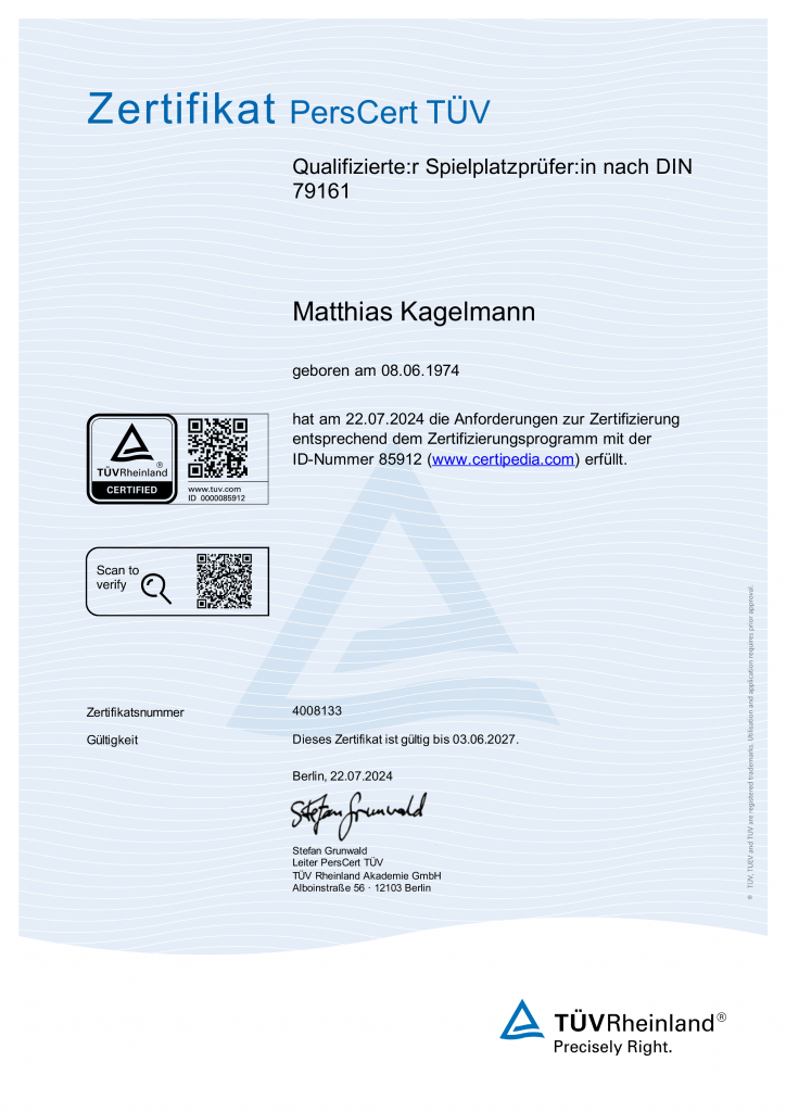 Zertifikat qualifizierter Spielplatzprüfer